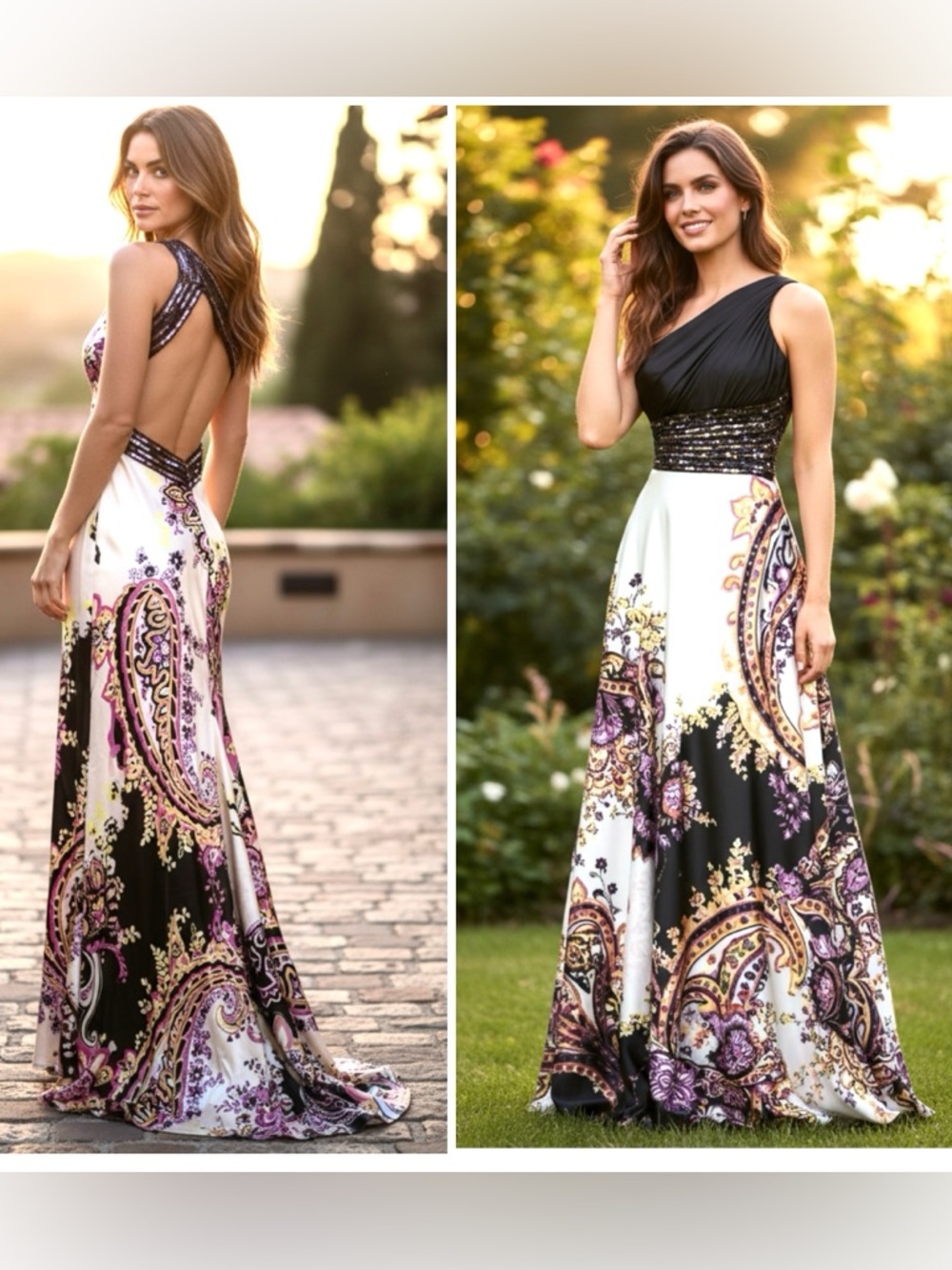 Caché Y2K One-shoulder Sequin Paisley Formal Prom Gown Size 8